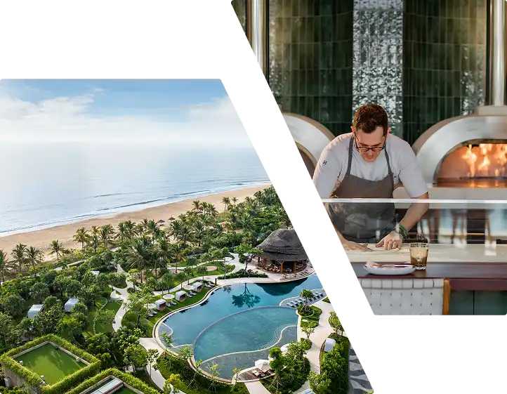 Split Image of Luxury Beach Resort and Professional Chef in Restaurant Kitchen